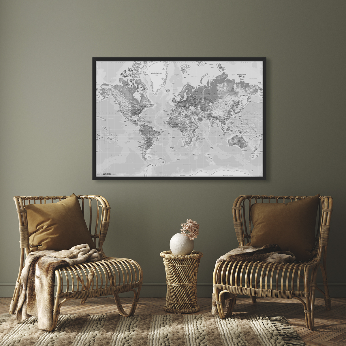 Verdenskort Modern hvid Engelsk Posterprint m. Ramme