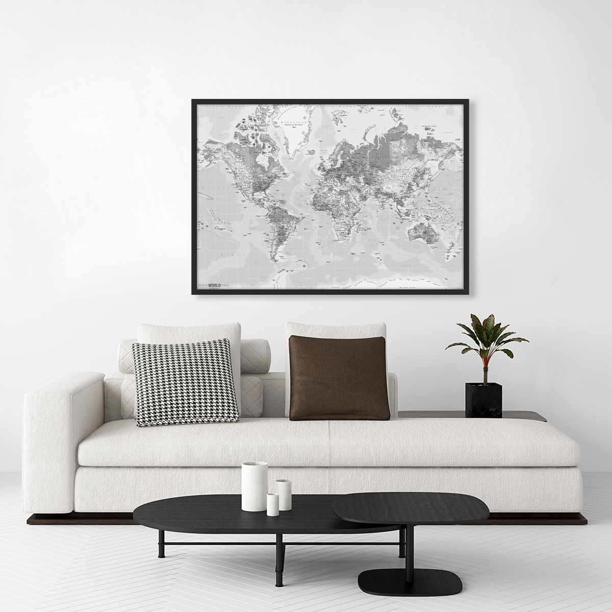 Verdenskort Modern hvid Engelsk Posterprint m. Ramme