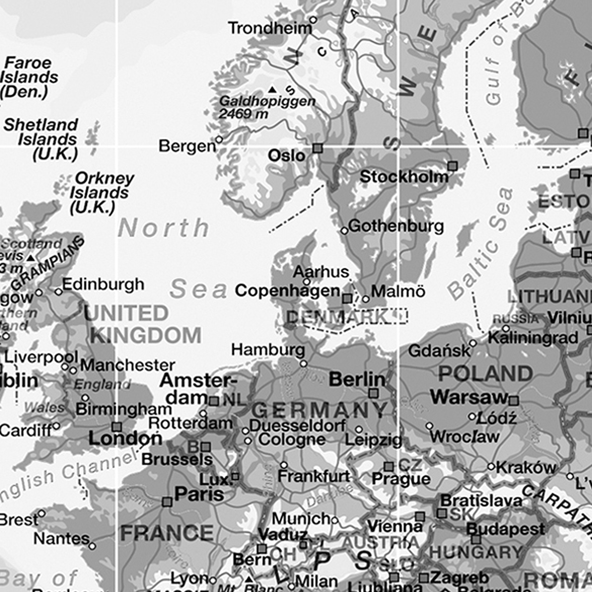 Verdenskort Modern hvid Engelsk Posterprint m. Ramme