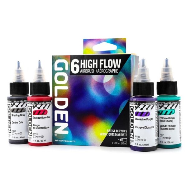 GOLDEN High Flow Maling Airbrush S�t - 6x30ml.