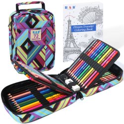 H&B Stribet Penalhus m. Farveblyanter &amp; Malebog - 72-Pak