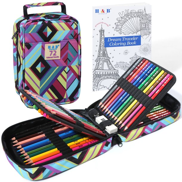 H&B Stribet Penalhus m. Farveblyanter &amp; Malebog - 72-Pak