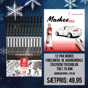 Sampak - Mobee 12-stk. Fineliners m. Hahnem�hle 20x20cm Tuschblok
