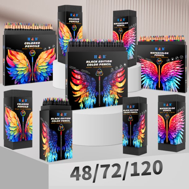 H&B Black Edition Oliebaserede Farveblyanter m. Viskelder &amp; Blyantspidser - 48-stk.