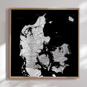 Danmarkskort Indrammet - Sort - Egetrsramme