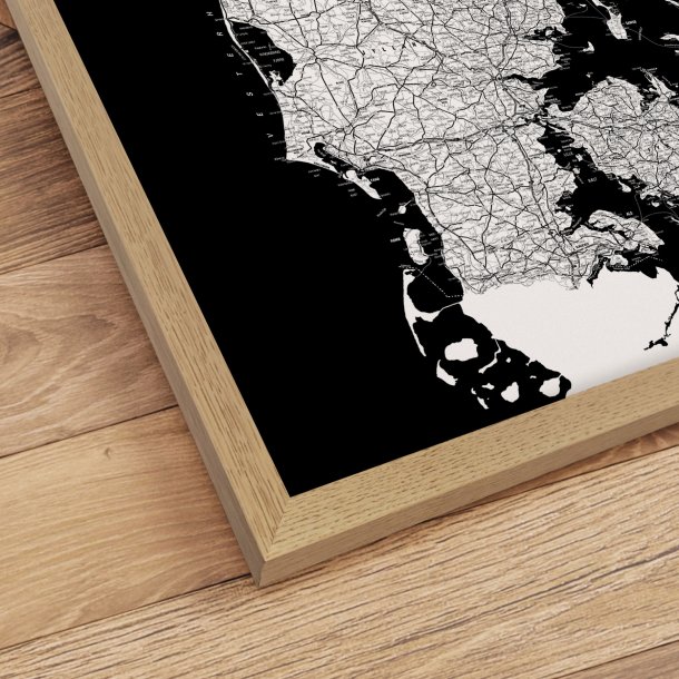 Danmarkskort Indrammet - Sort - Egetrsramme