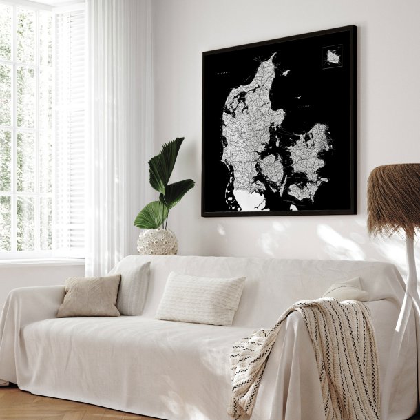 Danmarkskort Indrammet - Sort - Sort ramme