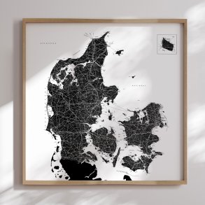 Danmarkskort Indrammet - Hvid - Egetrsramme 