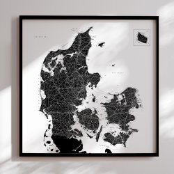 Danmarkskort Indrammet - Hvid  - Sort ramme