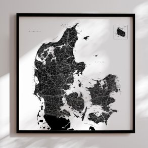 Danmarkskort Indrammet - Hvid  - Sort ramme