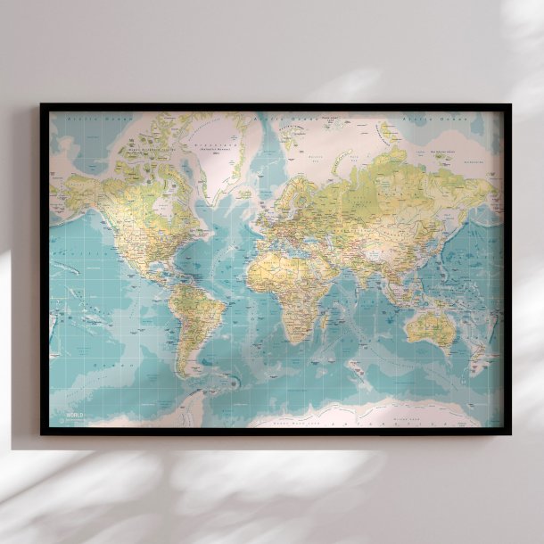Verdenskort Indrammet - Retro - Sort ramme