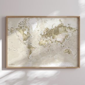Indrammet Verdenskort - Vintage - Egetrsramme