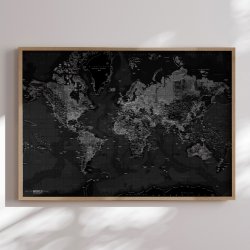 Indrammet Verdenskort - Dark - Egetrsramme