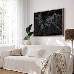 Indrammet Verdenskort - Dark - Egetrsramme