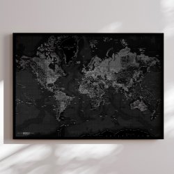 Indrammet Verdenskort - Dark - Sort ramme