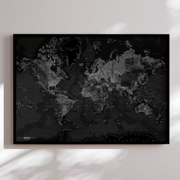 Indrammet Verdenskort - Dark - Sort ramme