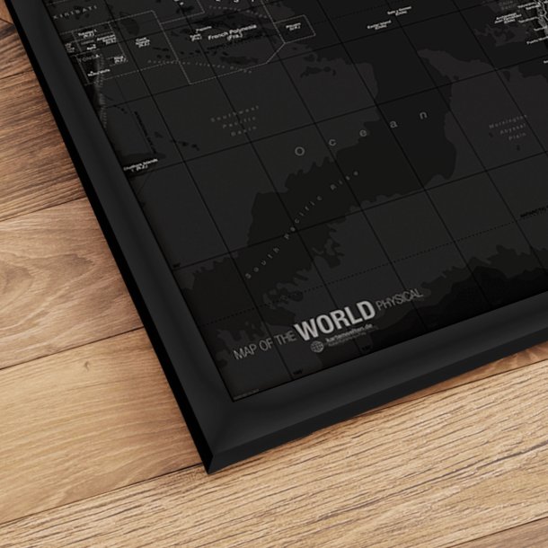 Indrammet Verdenskort - Dark - Sort ramme