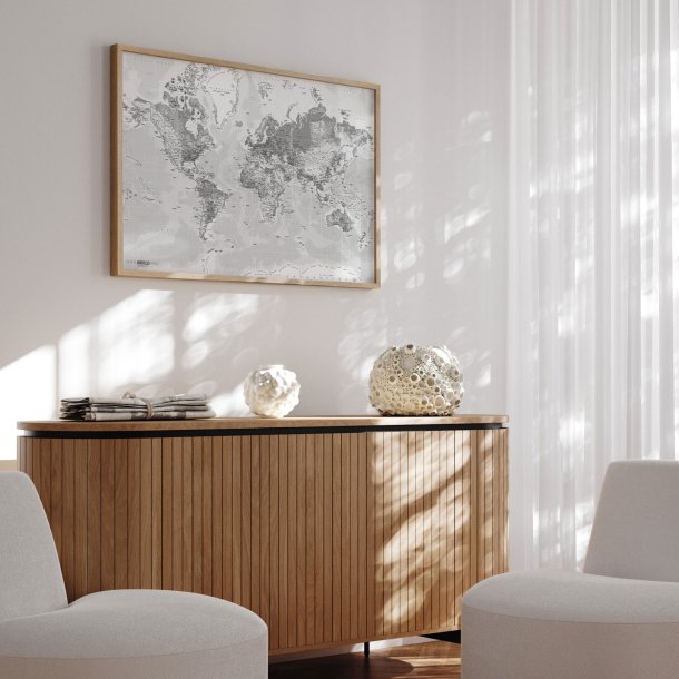 Indrammet Verdenskort - Light - Egetrsramme