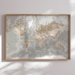 Indrammet Verdenskort - Vintage Grey - Egetrsramme