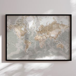Indrammet Verdenskort - Vintage Grey - Sort ramme