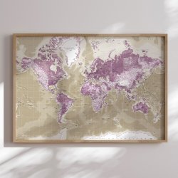 Indrammet Verdenskort - Purple - Egetrsramme