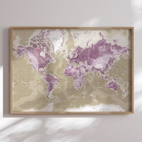 Indrammet Verdenskort - Purple - Egetrsramme