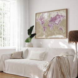 Indrammet Verdenskort - Purple - Egetrsramme