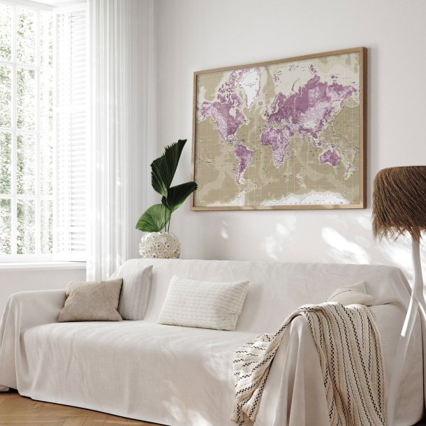 Opslagstavle Verdenskort -  Purple - Egetrsramme