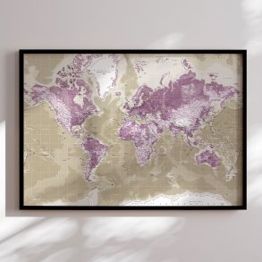 Indrammet Verdenskort - Purple - Sort ramme