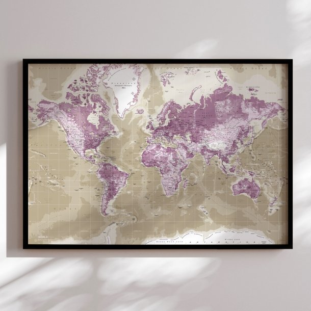 Indrammet Verdenskort - Purple - Sort ramme