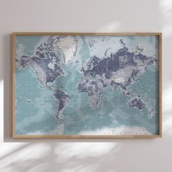 Opslagstavle Verdenskort -  Ice Blue - Egetrsramme
