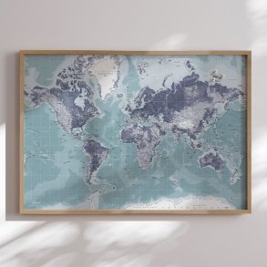 Opslagstavle Verdenskort -  Ice Blue - Egetrsramme