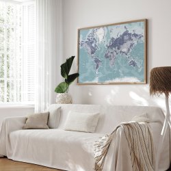 Opslagstavle Verdenskort -  Ice Blue - Egetrsramme