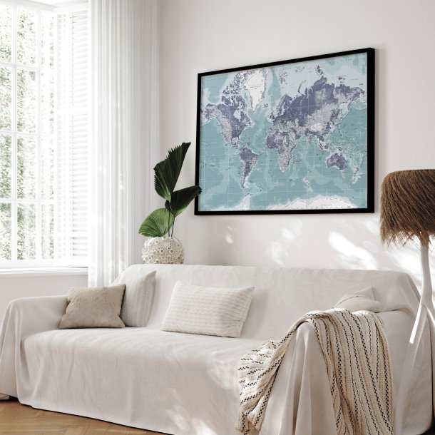 Opslagstavle Verdenskort -  Ice Blue - Sort ramme
