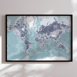 Indrammet Verdenskort - Ice Blue - sort ramme