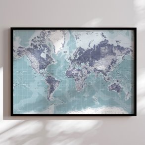 Indrammet Verdenskort - Ice Blue - sort ramme