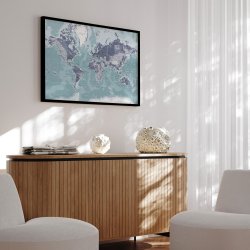 Indrammet Verdenskort - Ice Blue - sort ramme