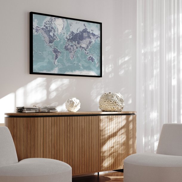 Indrammet Verdenskort - Ice Blue - sort ramme