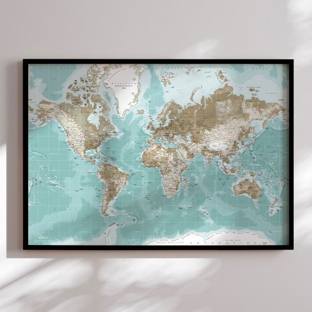 Indrammet Verdenskort - Winter -sort ramme