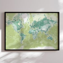 Indrammet Verdenskort - Green -sort ramme