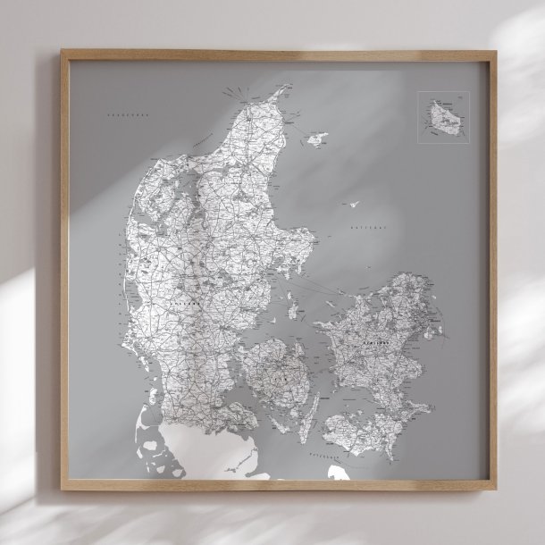 Indrammet Danmarkskort - Gr nuancer - Egetrsramme