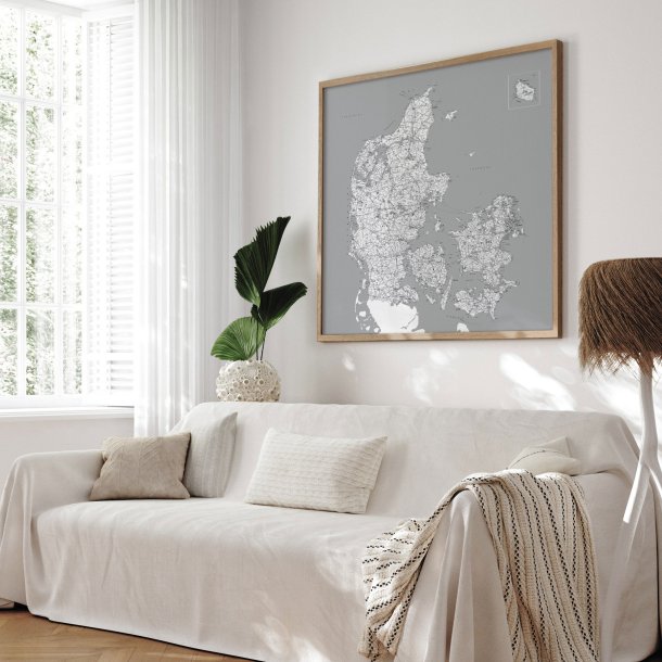 Indrammet Danmarkskort - Gr nuancer - Egetrsramme