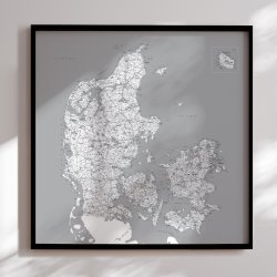 Indrammet Danmarkskort - Gr nuancer - Sort ramme