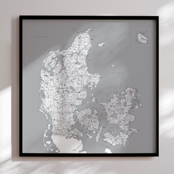 Indrammet Danmarkskort - Gr nuancer - Sort ramme