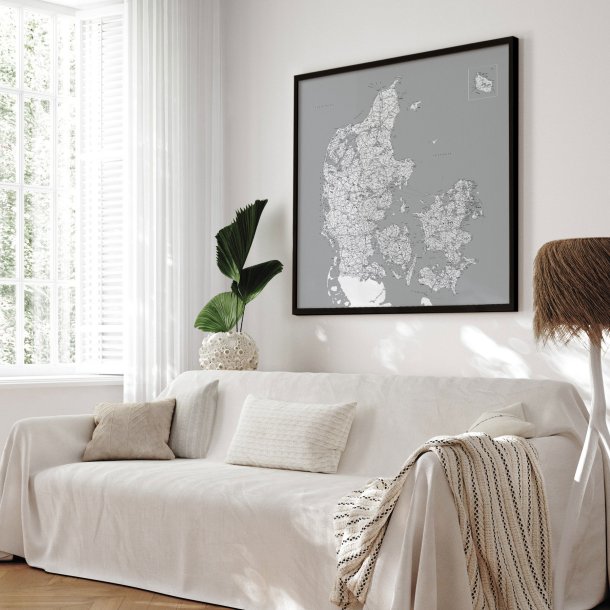 Indrammet Danmarkskort - Gr nuancer - Sort ramme