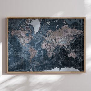 Indrammet Verdenskort - Modern Blue - Egetrsramme