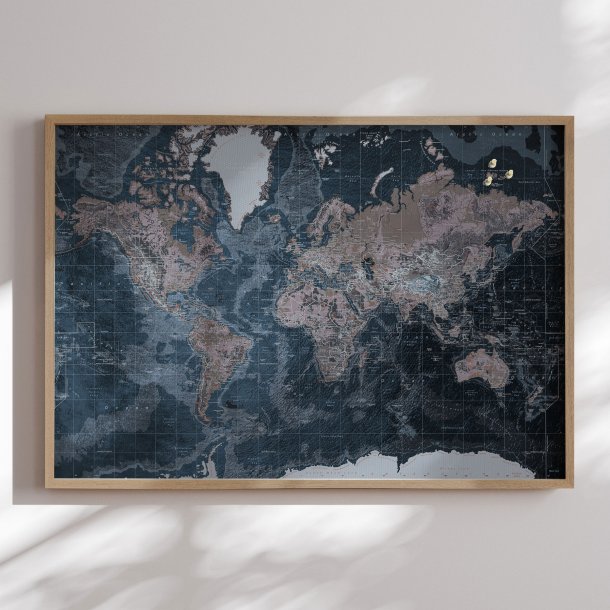 Opslagstavle Verdenskort - Modern Blue - Egetrsramme