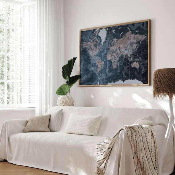 Opslagstavle Verdenskort - Modern Blue - Egetrsramme