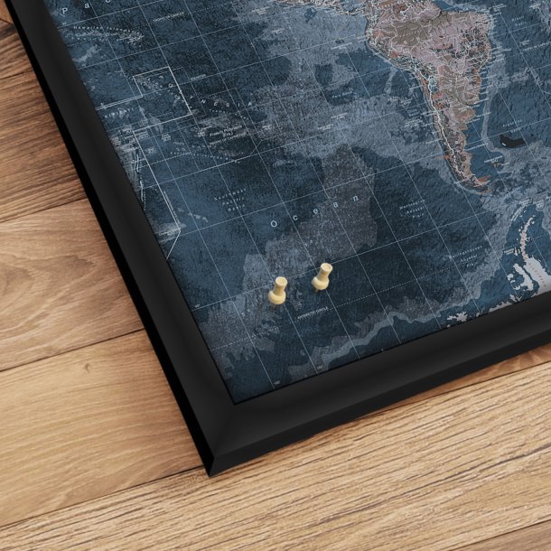 Opslagstavle Verdenskort - Modern Blue - Sort ramme