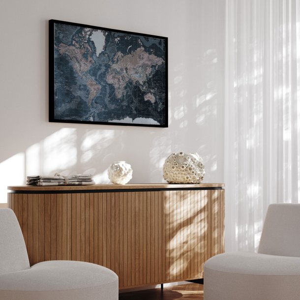 Opslagstavle Verdenskort - Modern Blue - Sort ramme